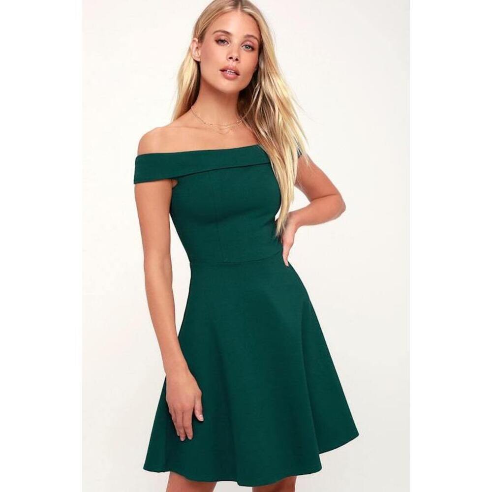 Lulus Season Of Fun Forest Green Off-the-shoulder Skater Dress - Size S